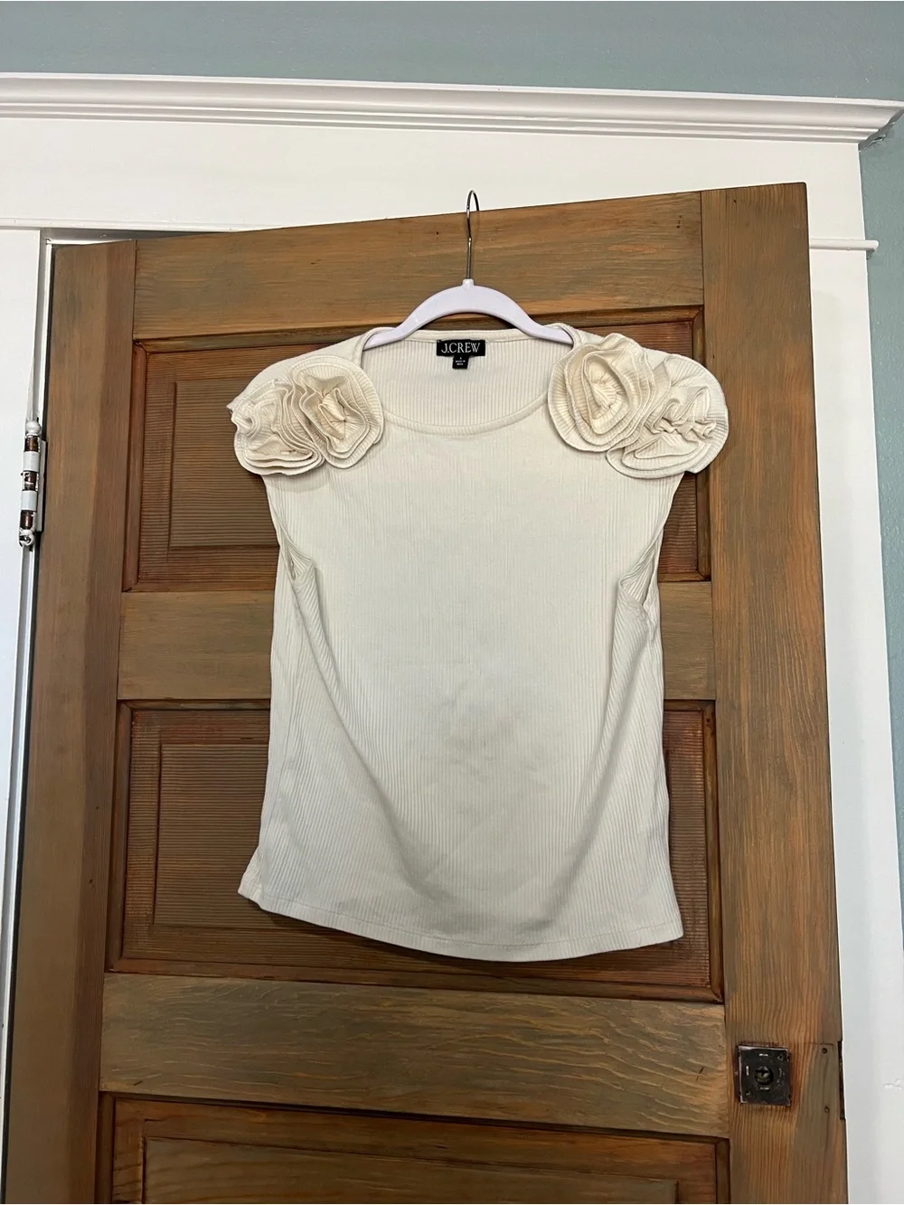 J. Crew Cream Short-Sleeve Ribbed Top with Rosette Shoulders